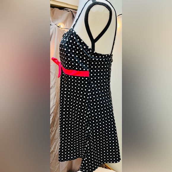 Black Polka Dot 1-Piece Skirted Swim Dresswith Red Front Tie by A Shore Fit - Picture 4 of 13